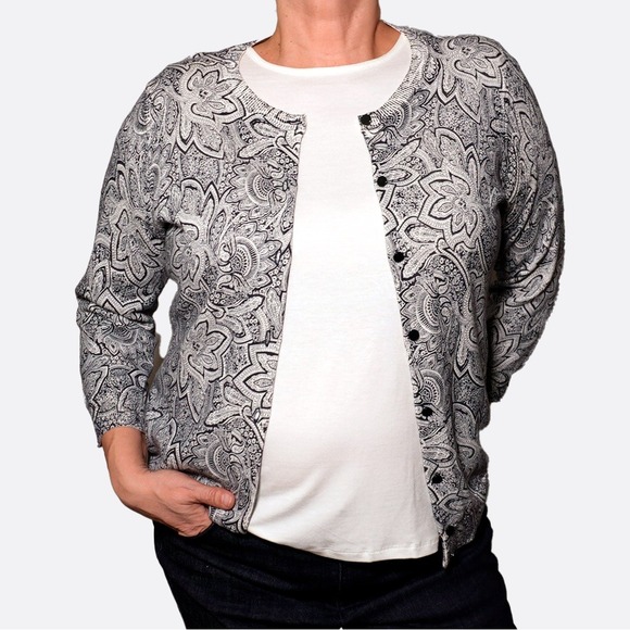Talbots Sweaters - Talbots Navy Cream Paisley 100% Cotton Cardigan Sweater L 3/4 Sleeve Classic NWT